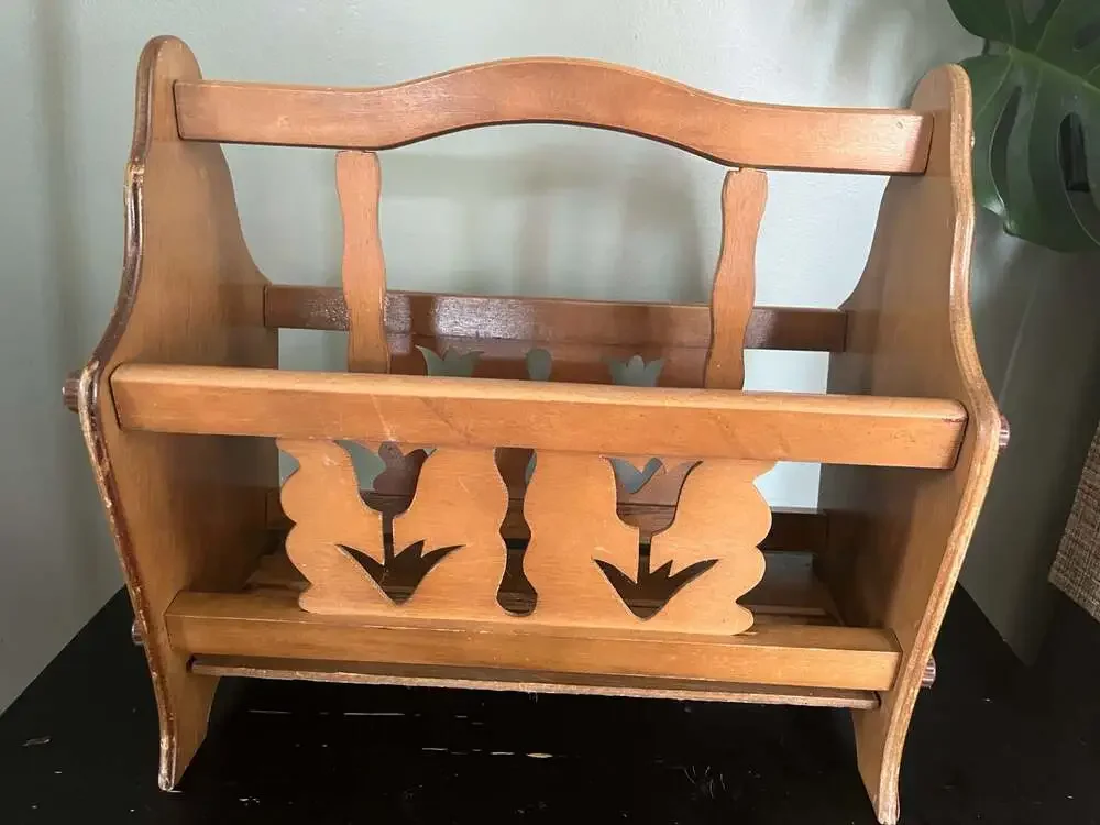 Vintage Wooden Magazine Rack with Tulip Cut-Outs